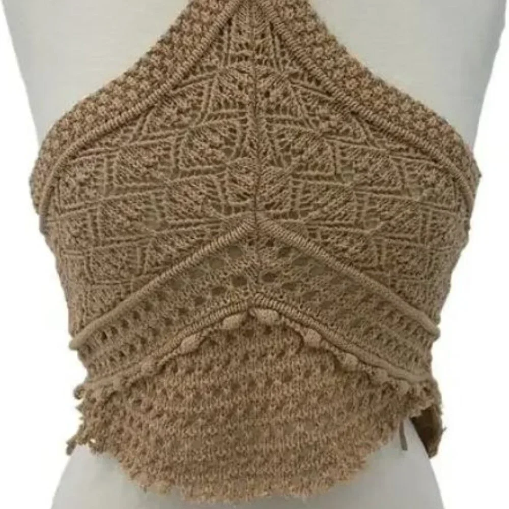 ZARA~ Boho Brown Crochet Crop HalterTop ~Size Small - Picture 2 of 5